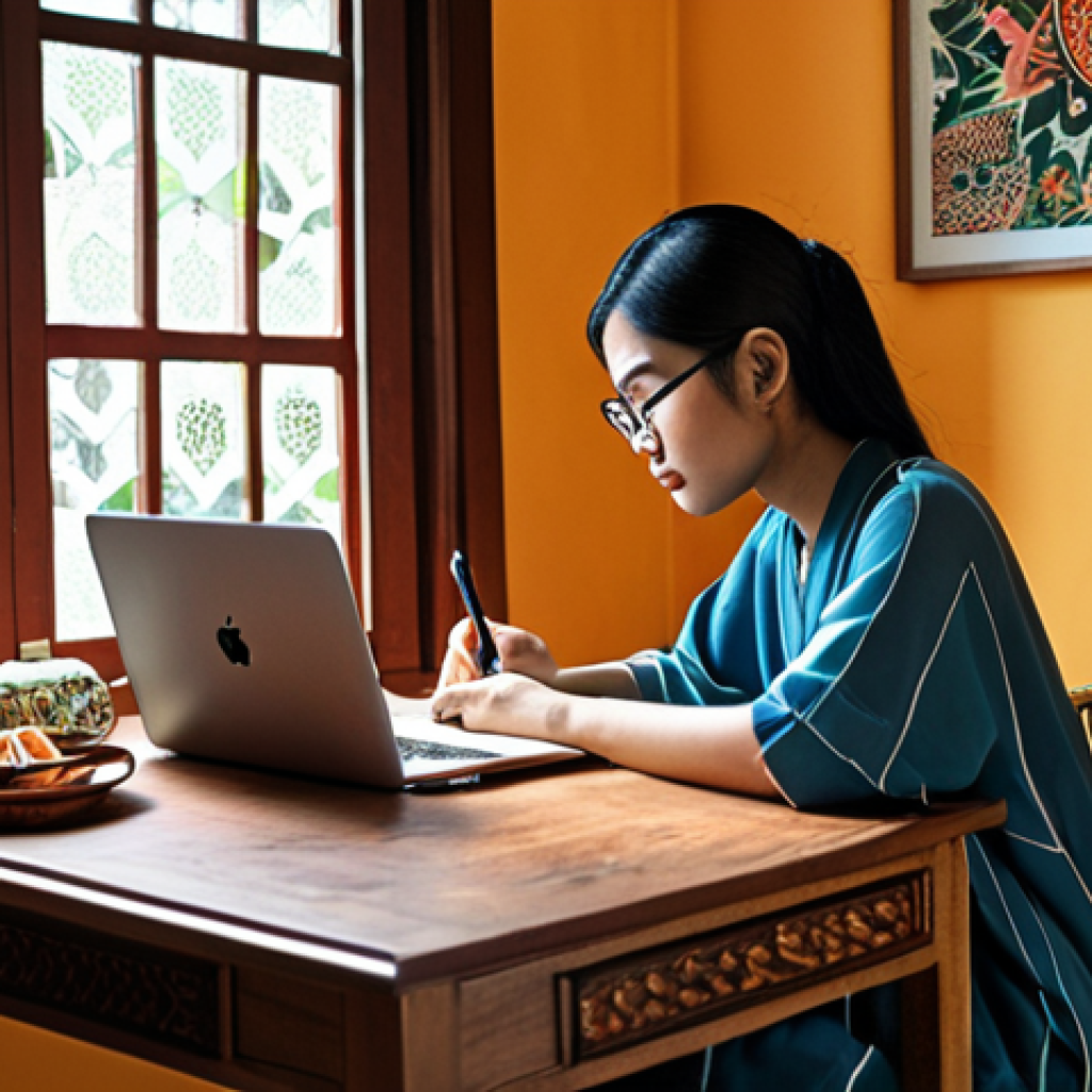 **A Malaysian blogger thoughtfully writing at a desk, surrounded by a warm, inviting ambiance with touches of local Malaysian decor, emphasizing the human element in content creation amidst the rise of AI.**