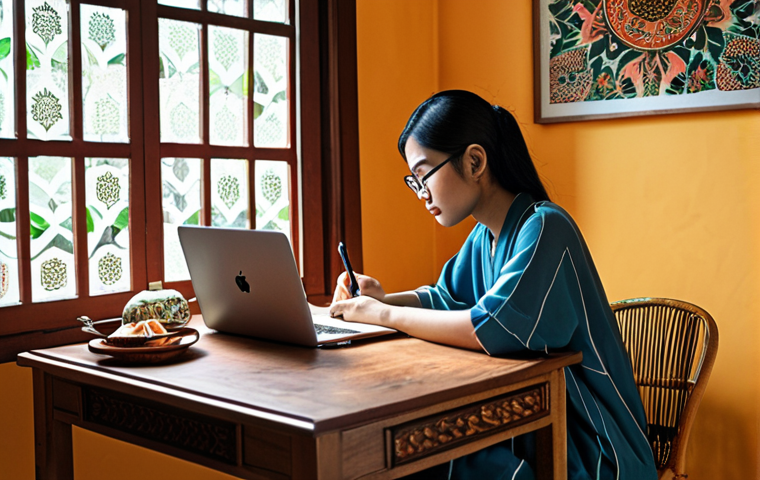 **A Malaysian blogger thoughtfully writing at a desk, surrounded by a warm, inviting ambiance with touches of local Malaysian decor, emphasizing the human element in content creation amidst the rise of AI.**