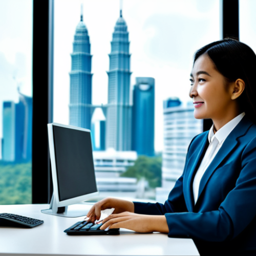 A professional Malaysian customer service representative, female, in a modest business suit, seated at a sleek modern desk in a vibrant, contemporary office setting in Kuala Lumpur. She is attentively interacting with a holographic AI interface that displays helpful, context-aware information, showing a positive and understanding expression. The background features blurred cityscapes and subtle Malaysian decor elements. fully clothed, appropriate attire, safe for work, perfect anatomy, correct proportions, natural pose, professional dress, well-formed hands, proper finger count, natural body proportions, high quality, family-friendly.