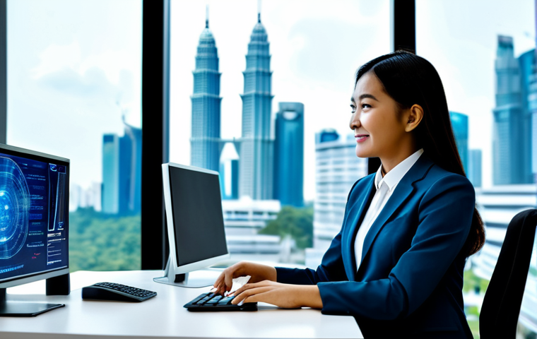 A professional Malaysian customer service representative, female, in a modest business suit, seated at a sleek modern desk in a vibrant, contemporary office setting in Kuala Lumpur. She is attentively interacting with a holographic AI interface that displays helpful, context-aware information, showing a positive and understanding expression. The background features blurred cityscapes and subtle Malaysian decor elements. fully clothed, appropriate attire, safe for work, perfect anatomy, correct proportions, natural pose, professional dress, well-formed hands, proper finger count, natural body proportions, high quality, family-friendly.